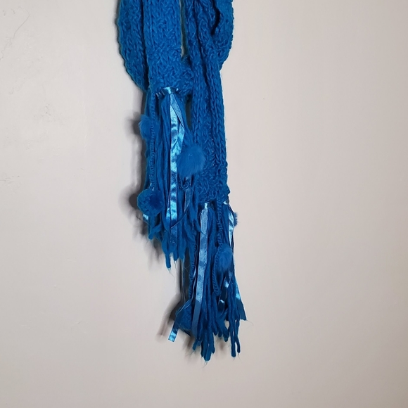 Cerulean Blue Blocked Knit Scarf with Ribbons and Angora Rabbit Hair Puffs - Picture 7 of 11